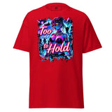 Red t-shirt with graphic print.