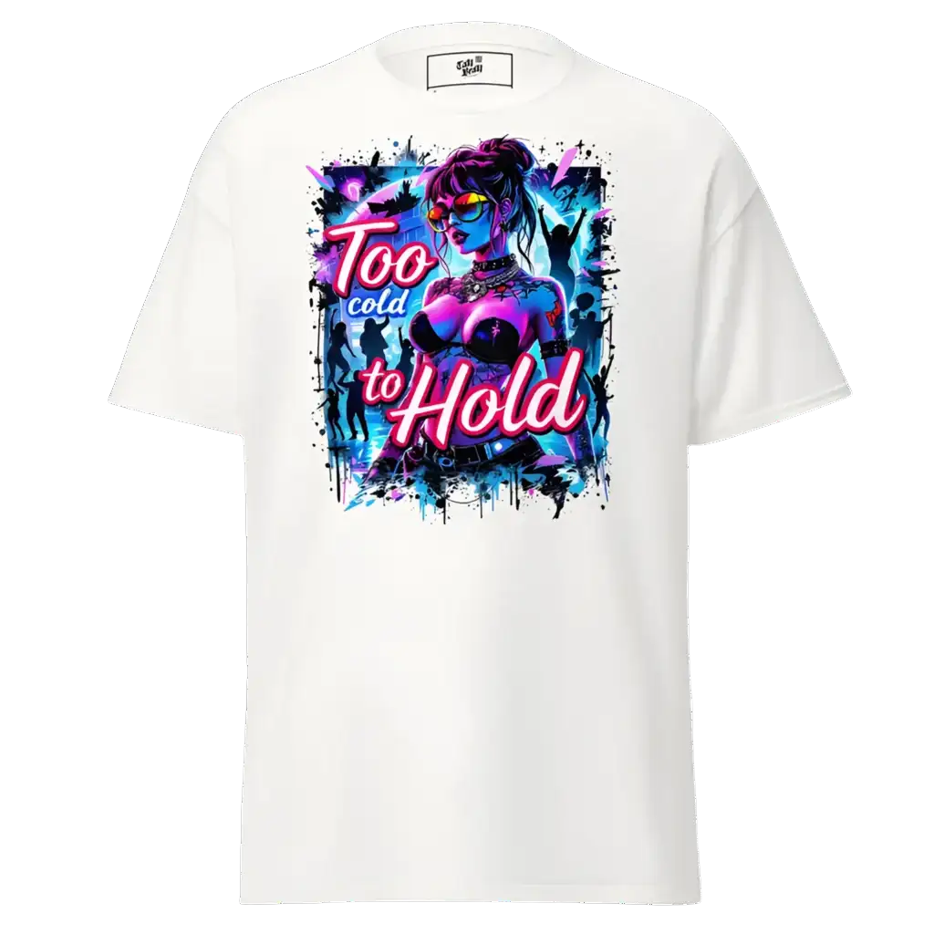 White t-shirt with a colorful graphic.