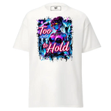 White t-shirt with a colorful graphic.