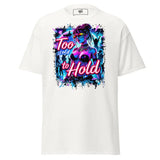 White t-shirt with a colorful graphic.