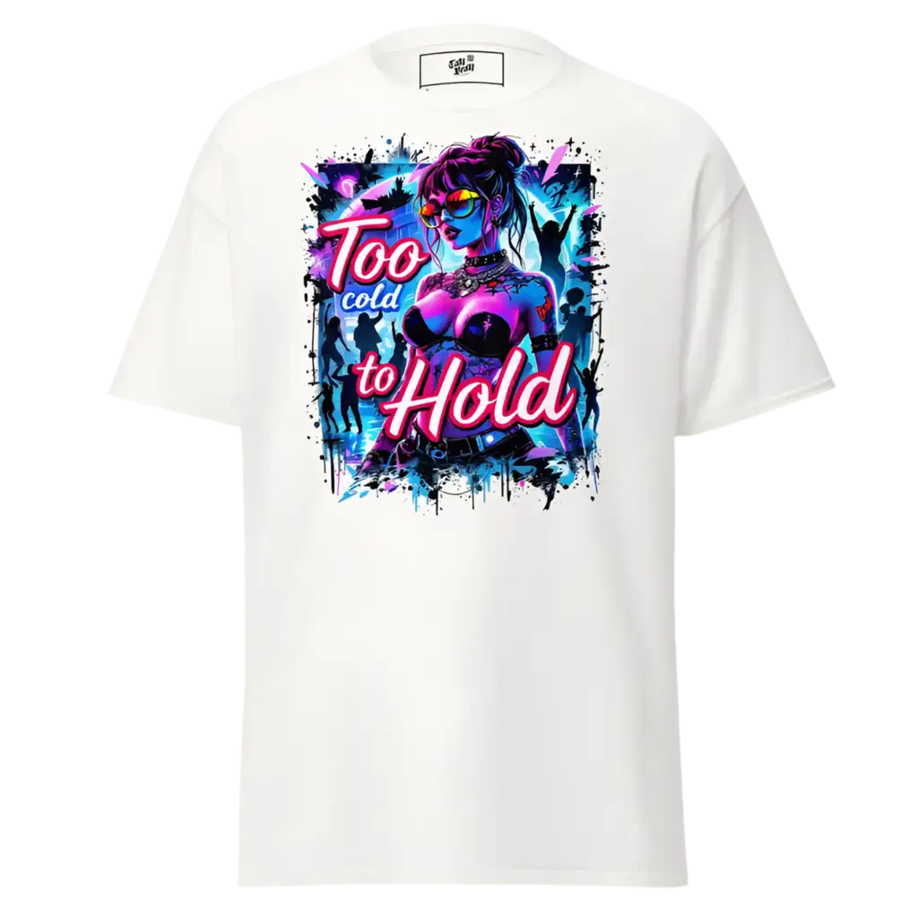 White t-shirt with a colorful graphic.