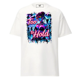White t-shirt with a colorful graphic.