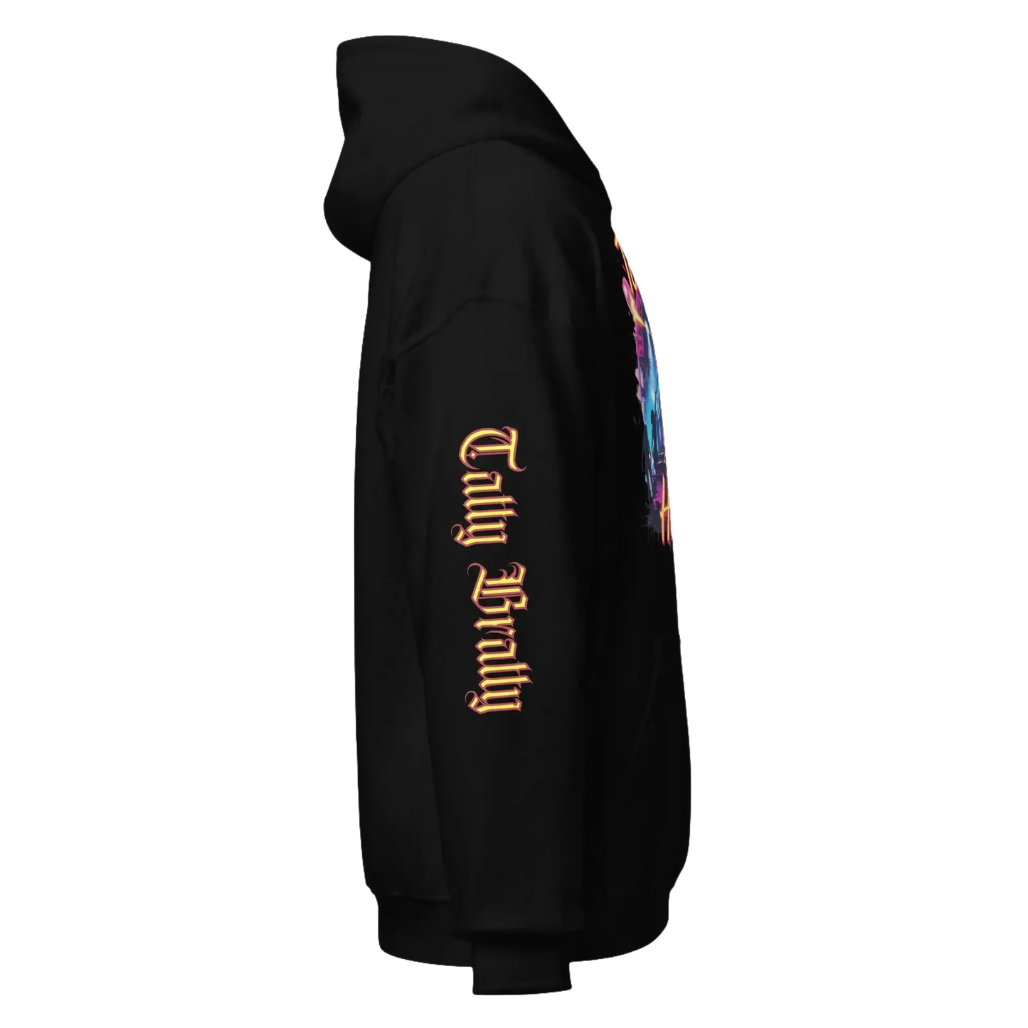 Black hooded sweatshirt.