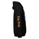 Black hooded sweatshirt.