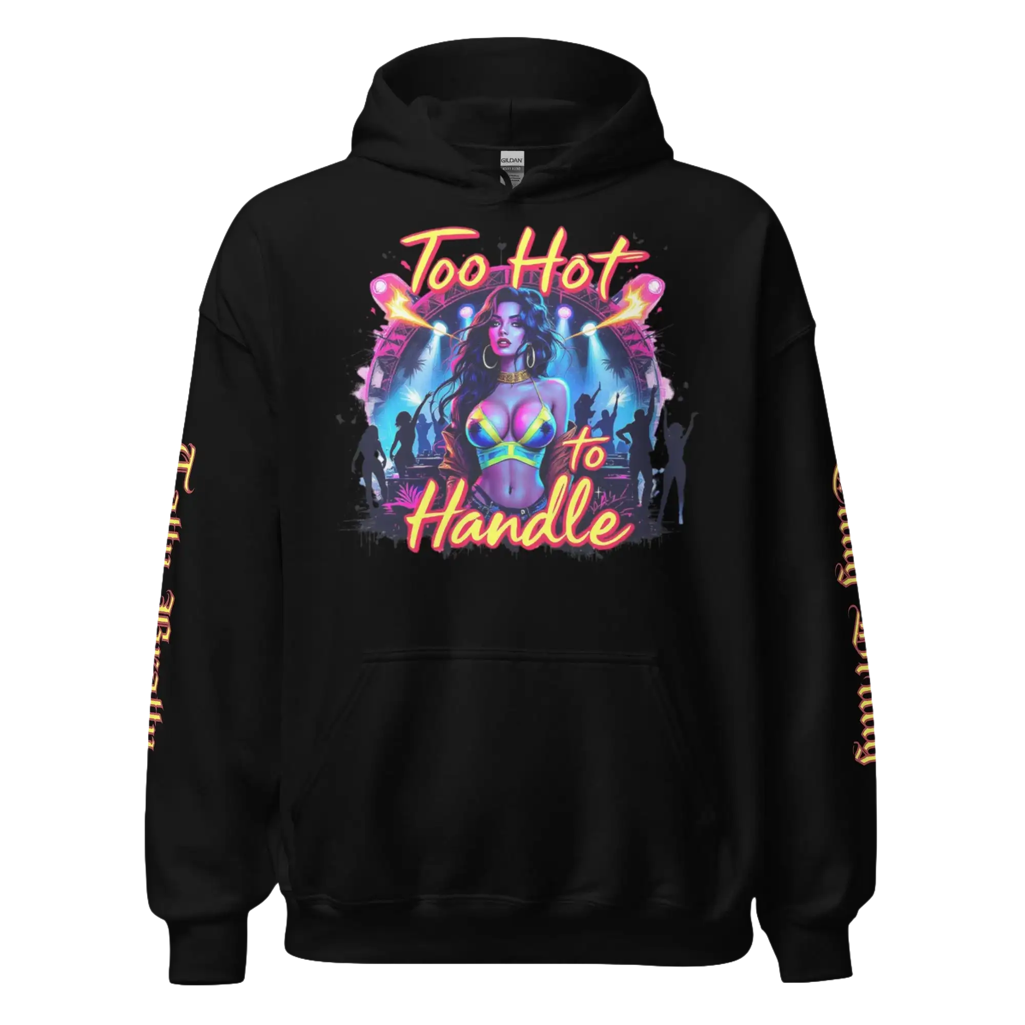 Black hoodie with a graphic design.