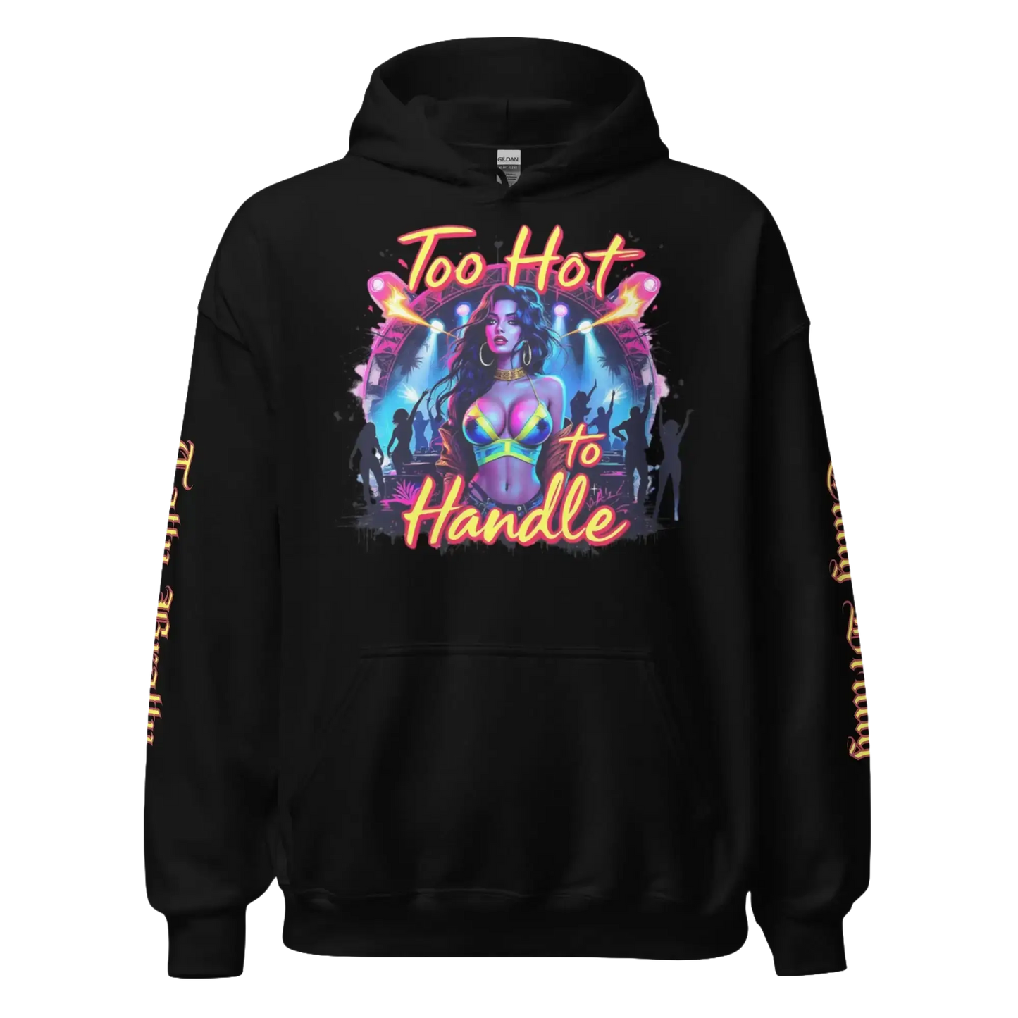 Black hoodie with a graphic design.