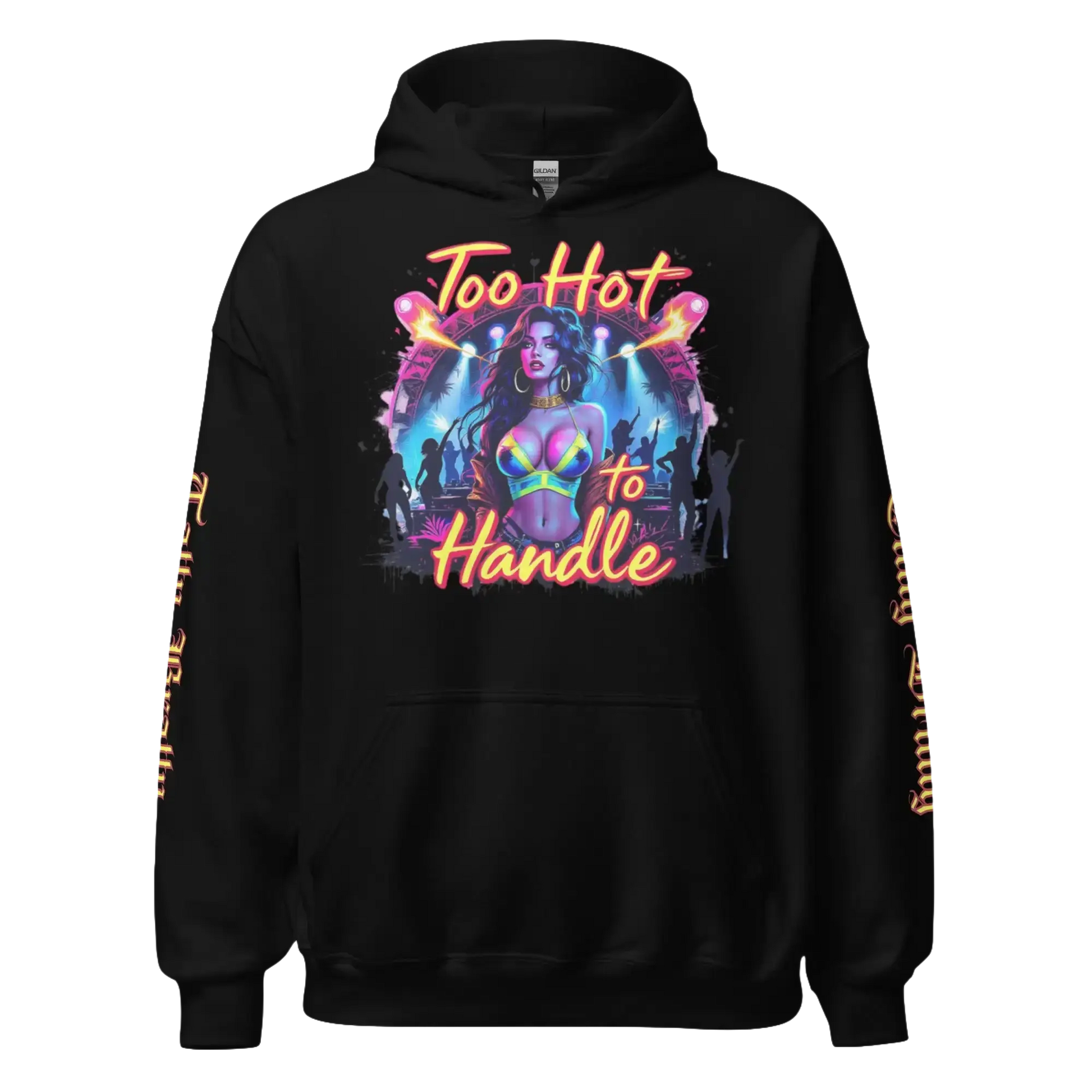 Black hoodie with a graphic design.