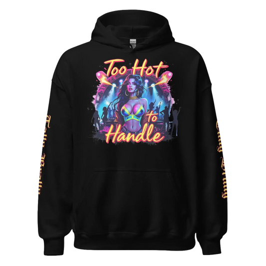 Black hoodie with a graphic design.