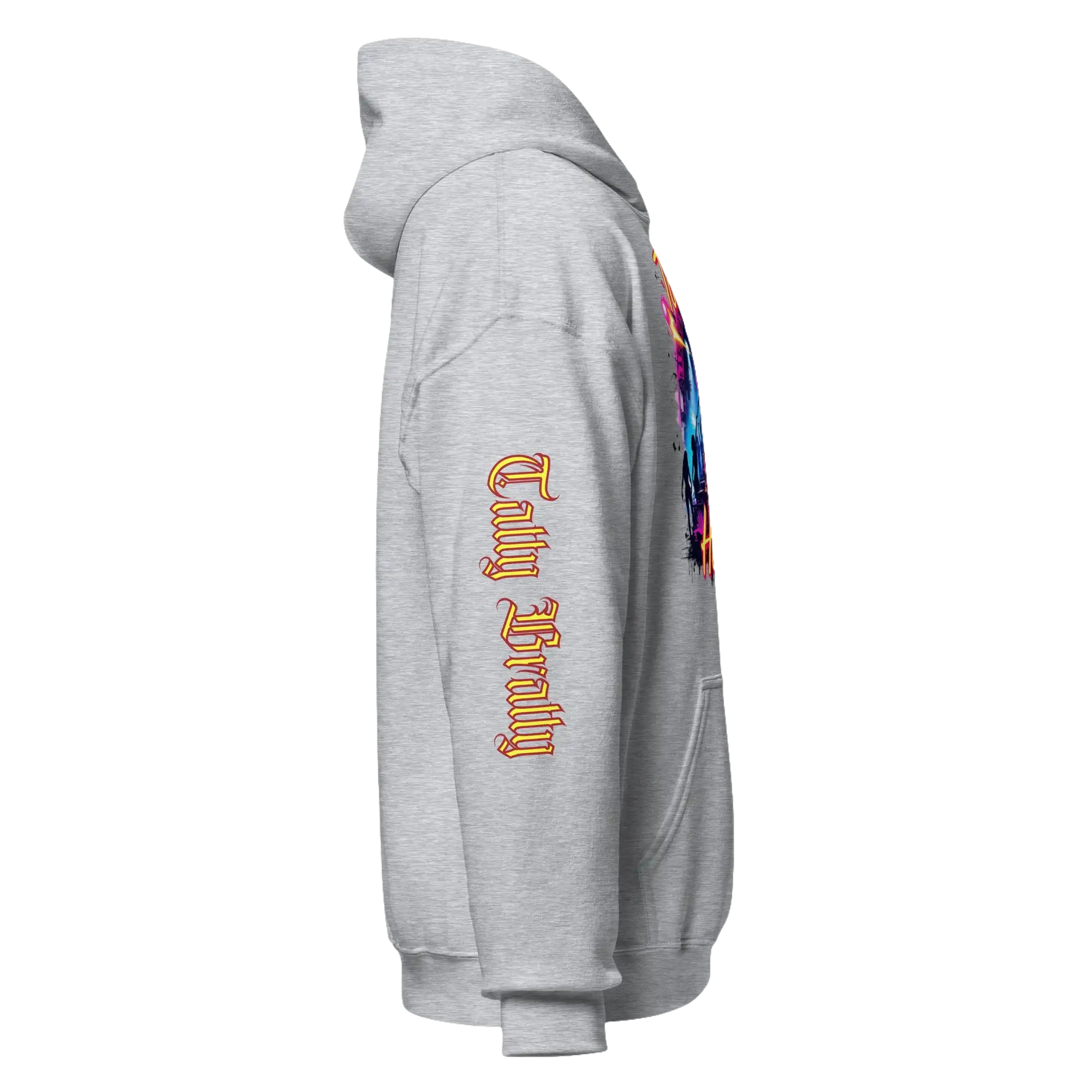 Gray hooded sweatshirt.