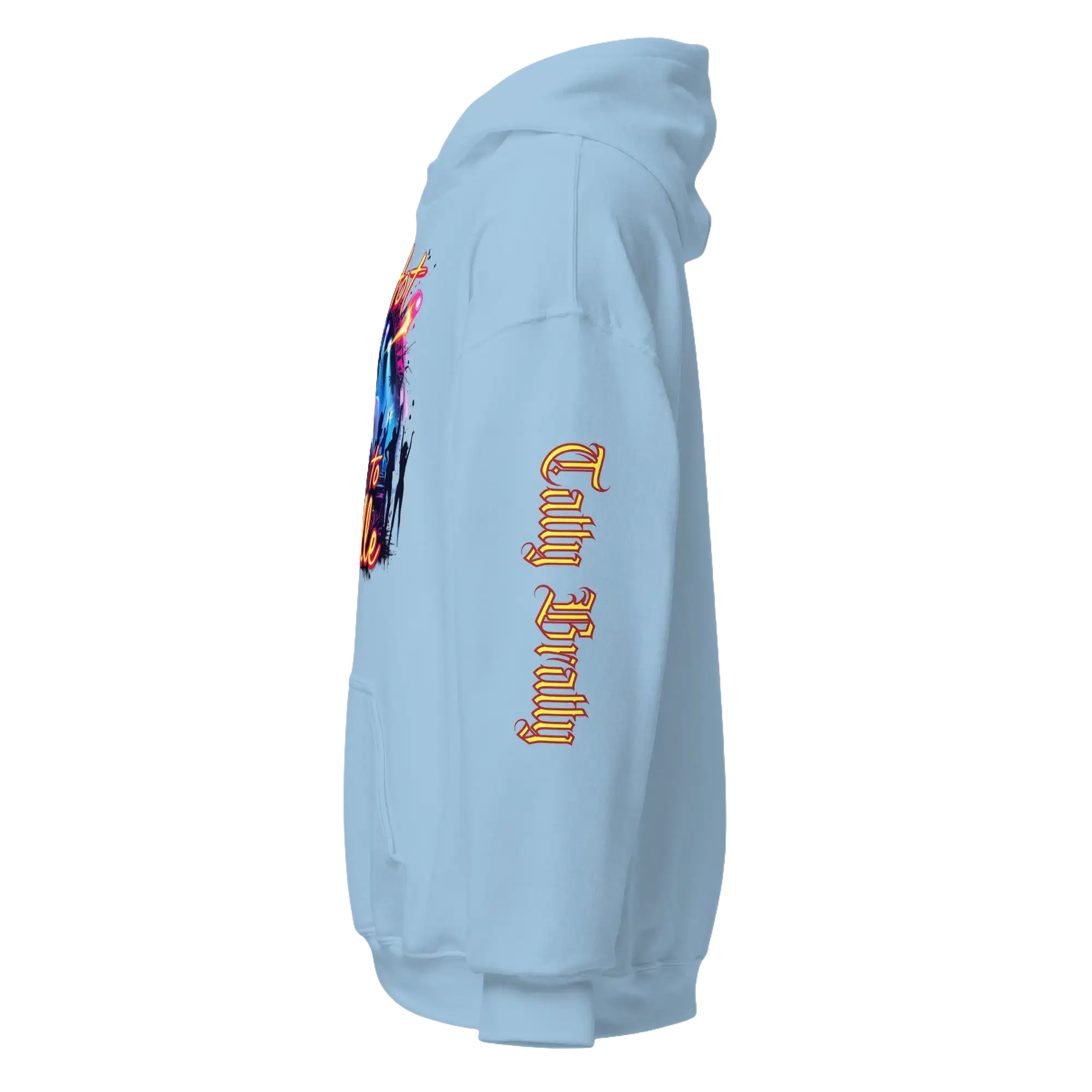 Light blue hoodie.