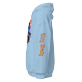 Light blue hoodie.