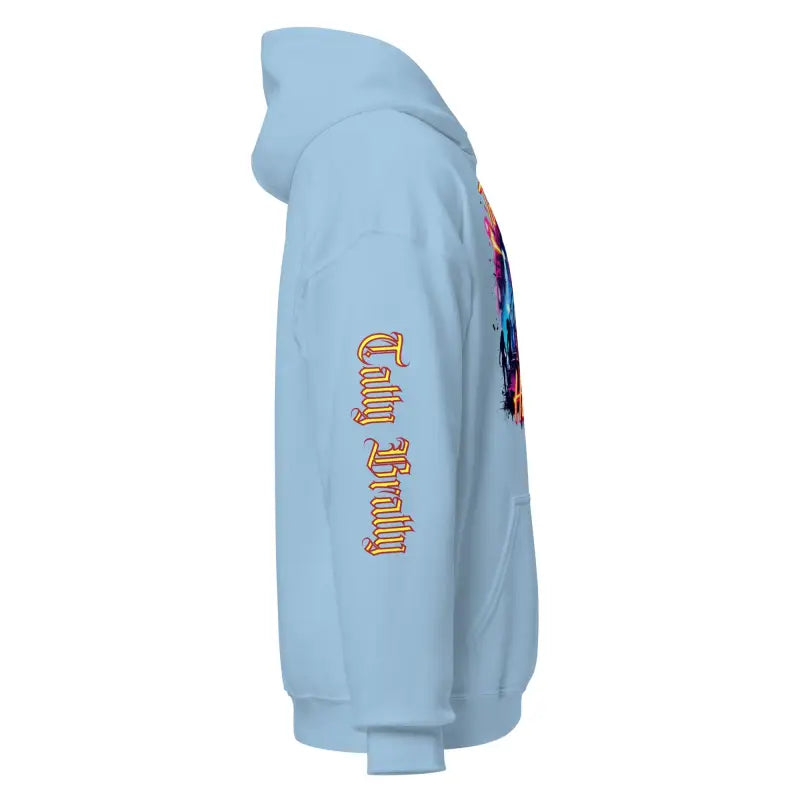 Light blue hoodie.