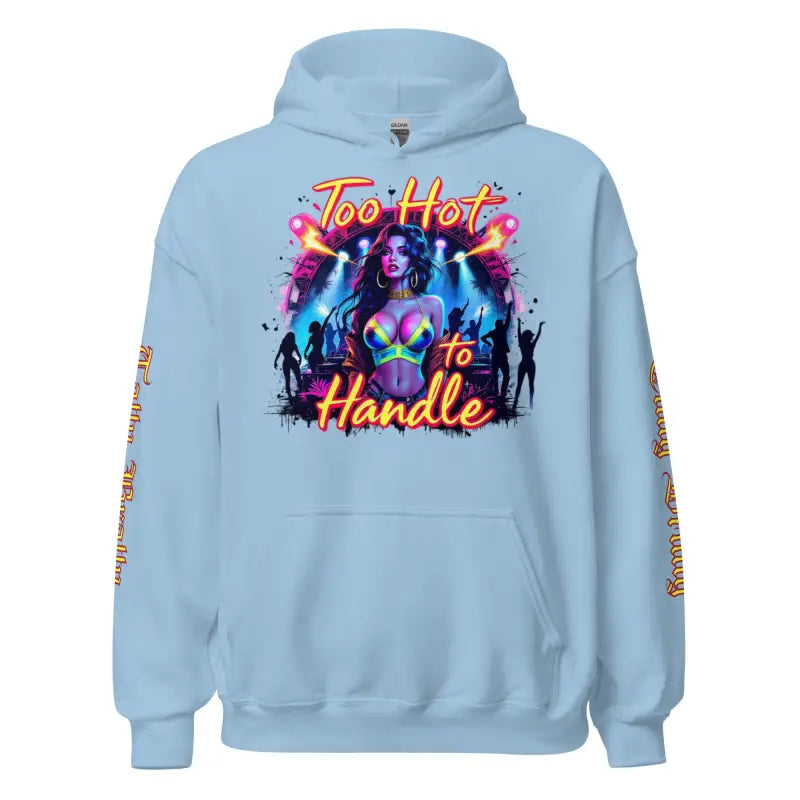 Light blue hoodie with a graphic design.