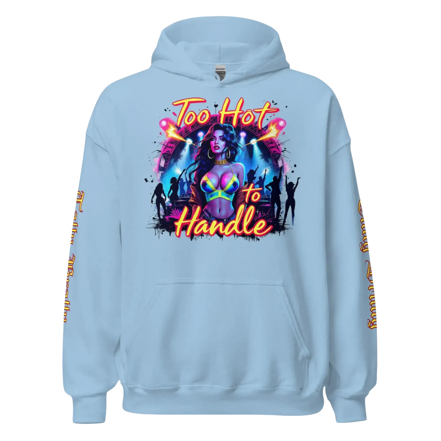 Light blue hoodie with a graphic design.