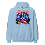 Light blue hoodie with a graphic design.