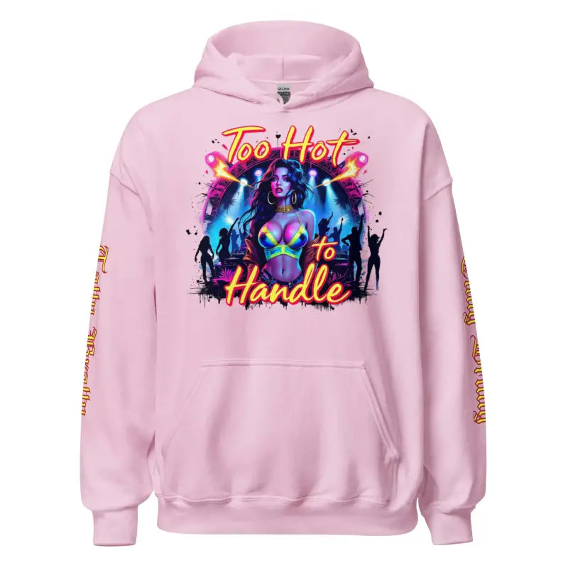 Pink hoodie with a graphic design.