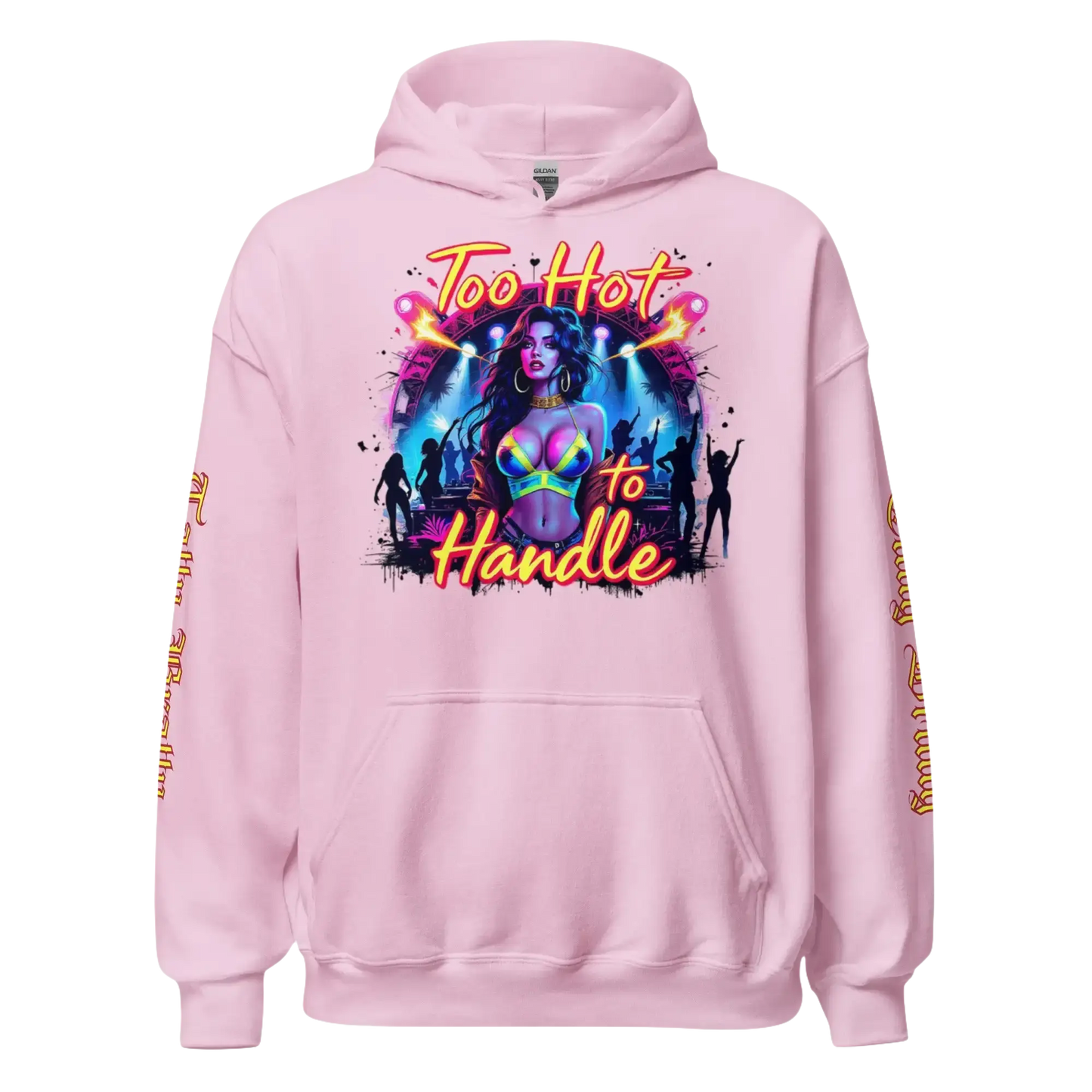Pink hoodie with a graphic design.