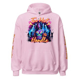 Pink hoodie with a graphic design.