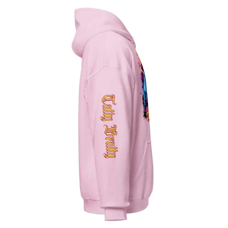 Pink hoodie with sleeve text.