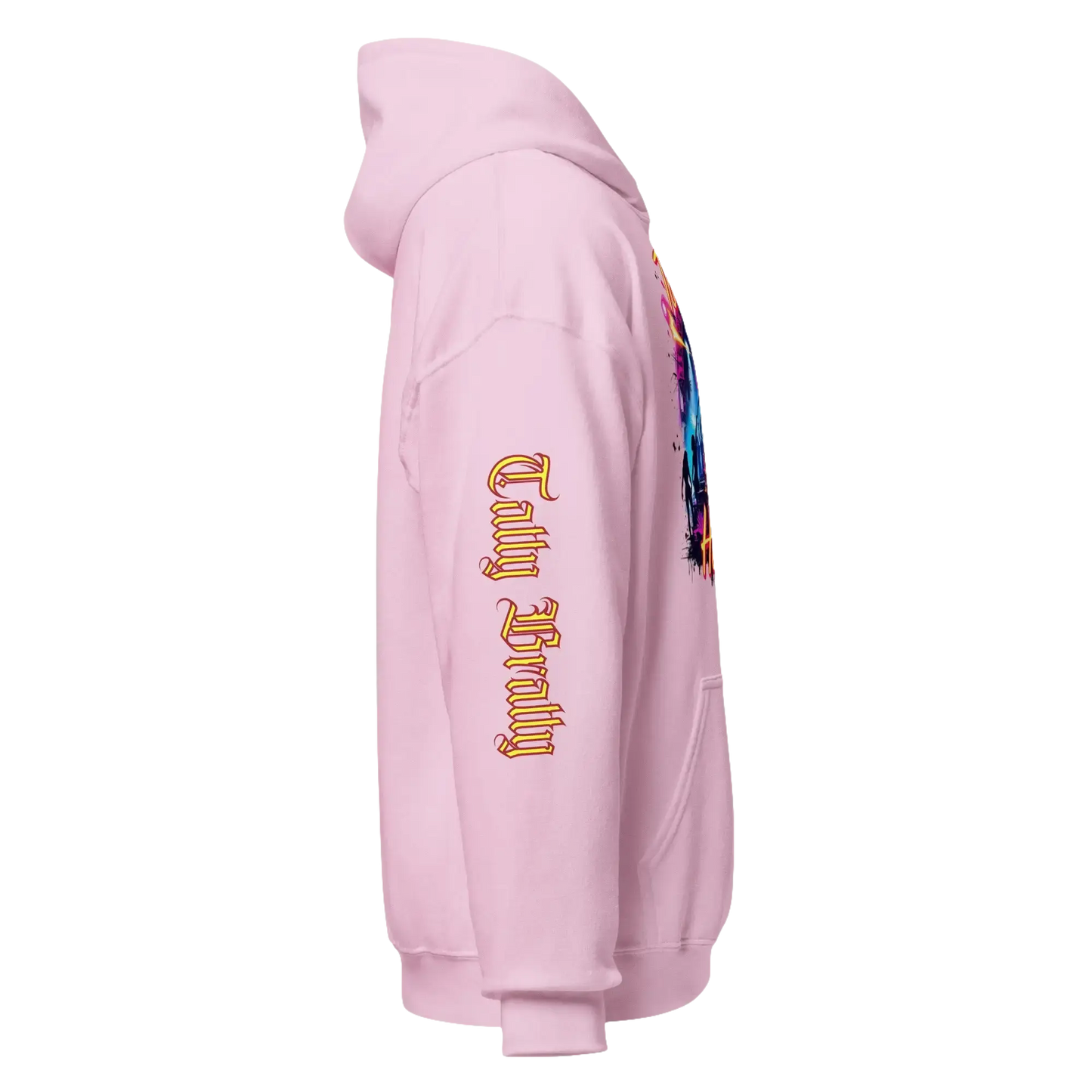 Pink hoodie with sleeve text.