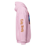 Pink hoodie with sleeve text.
