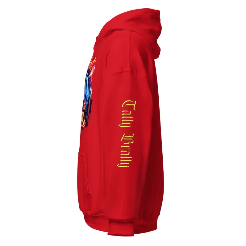 Red hooded sweatshirt.