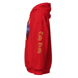 Red hooded sweatshirt.