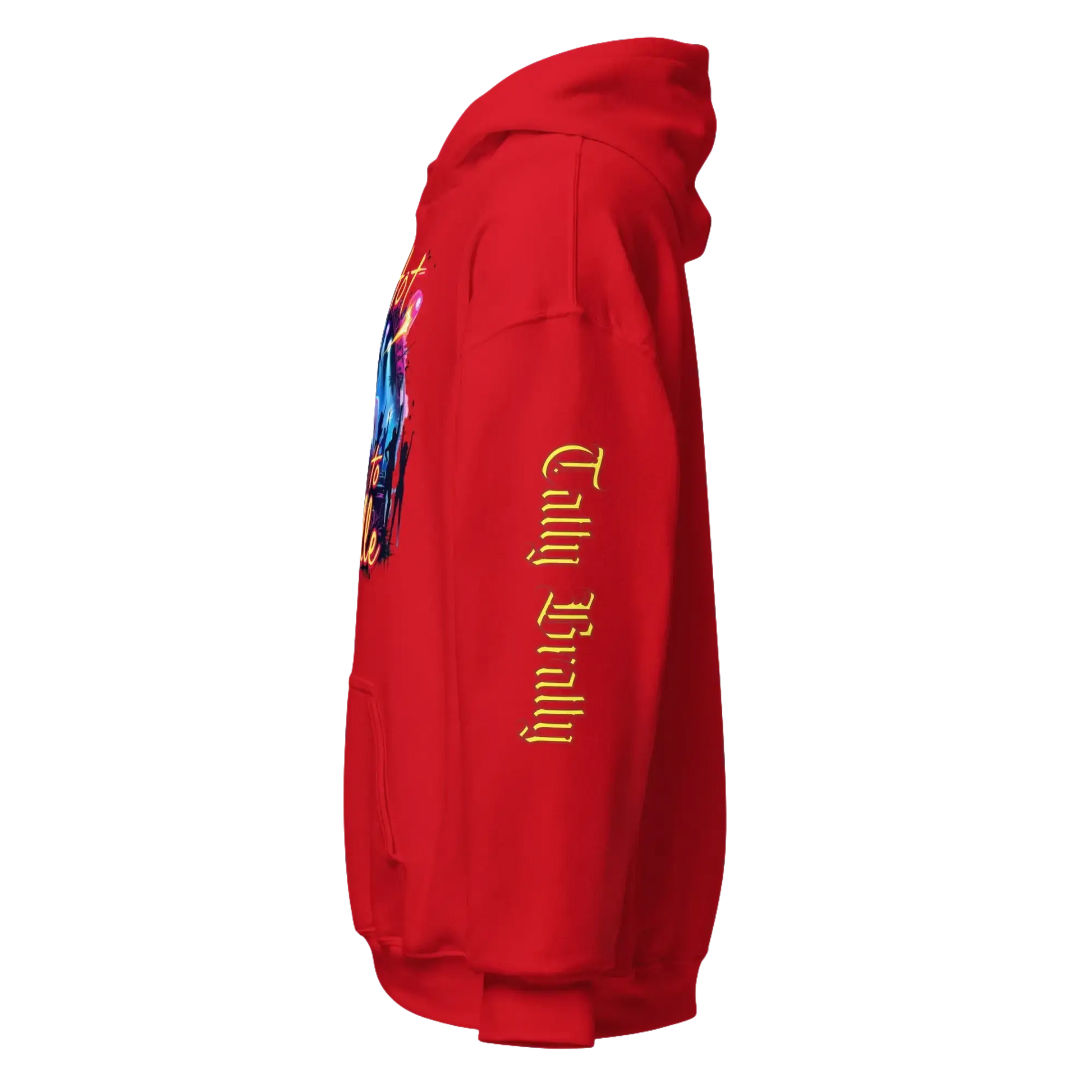 Red hooded sweatshirt.