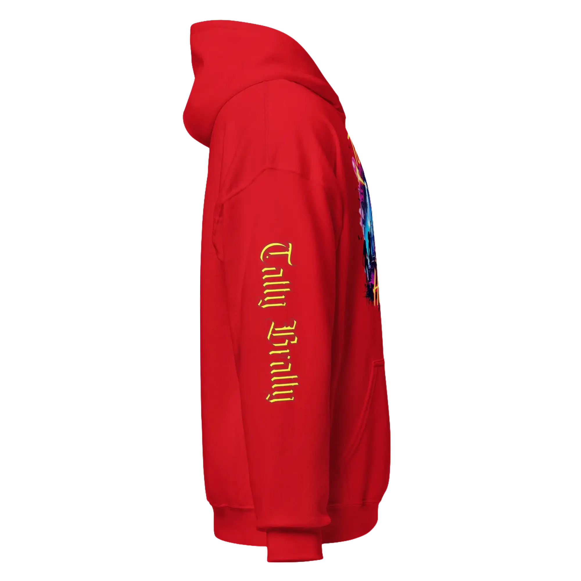 Red hooded sweatshirt.