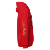 Red hooded sweatshirt.