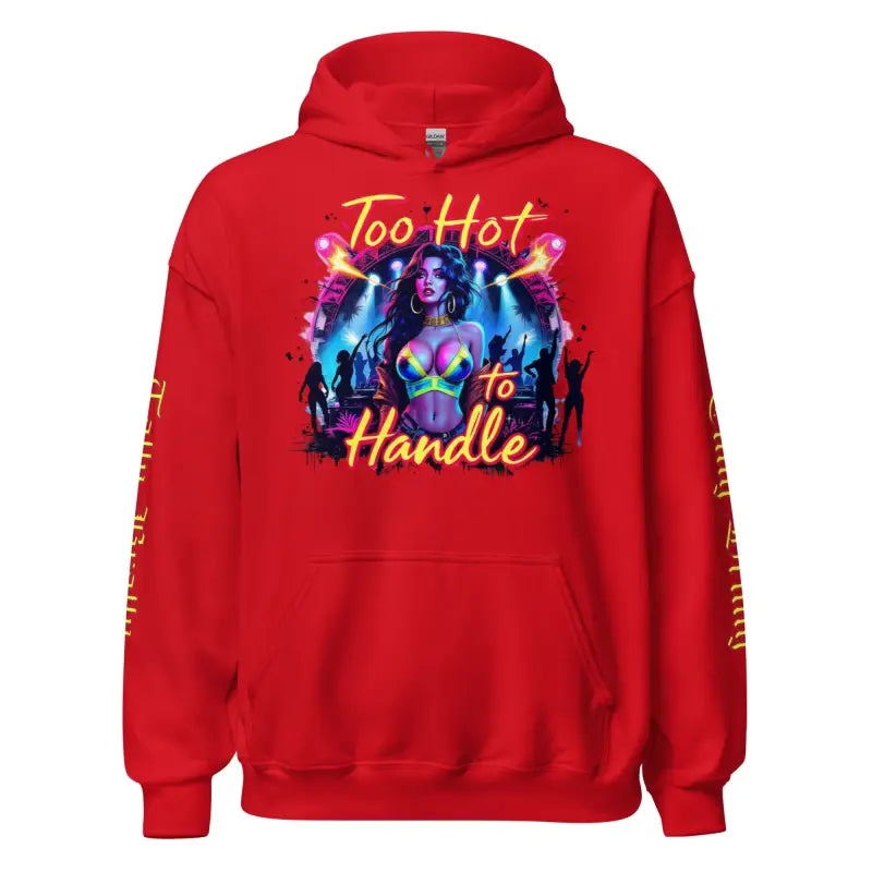 Red hoodie with a woman graphic.