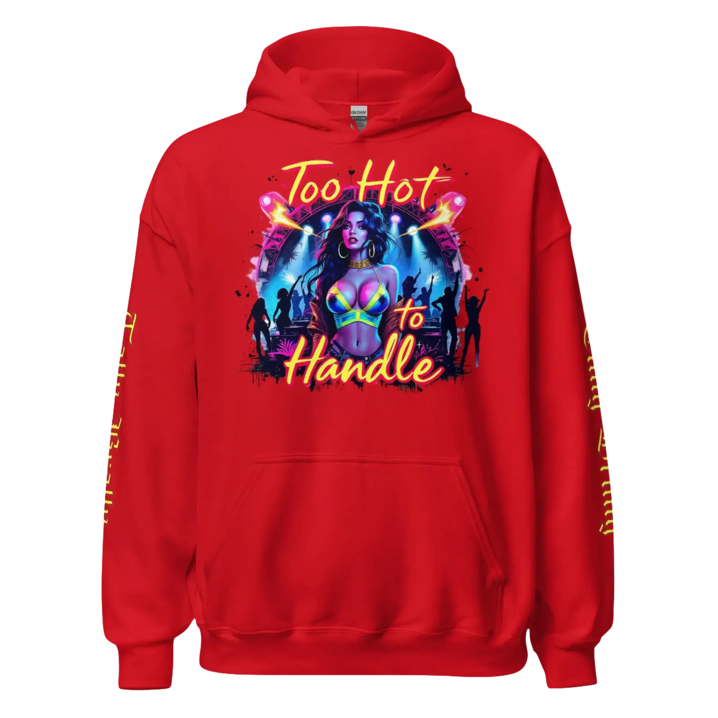 Red hoodie with a woman graphic.