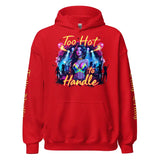 Red hoodie with a woman graphic.