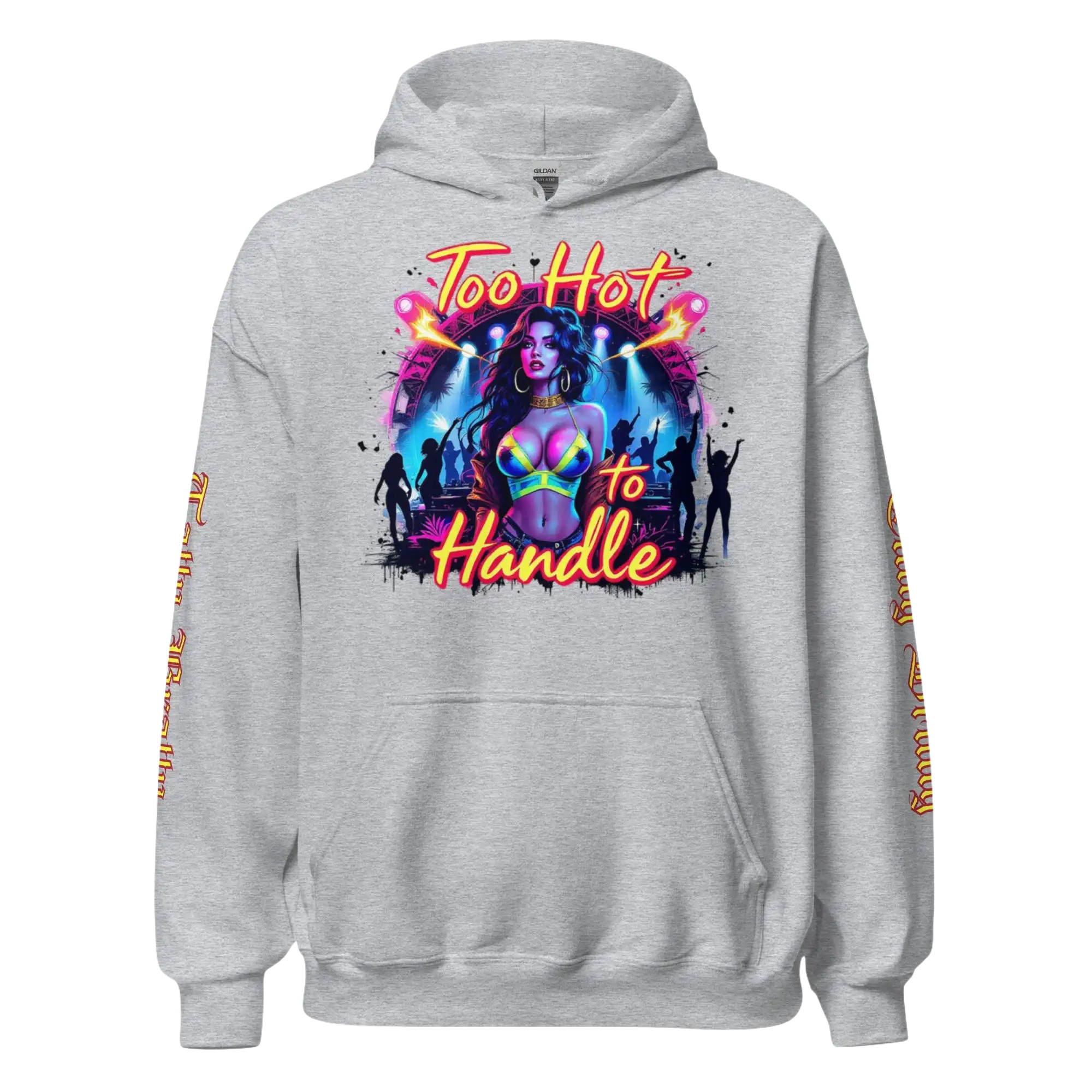 Gray hoodie with a graphic design.