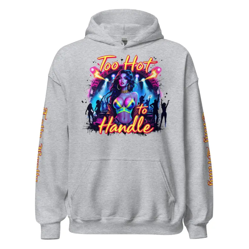Gray hoodie with a graphic design.