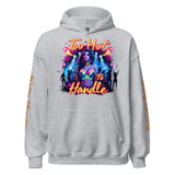 Gray hoodie with a graphic design.