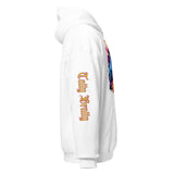 White hoodie with colorful design.