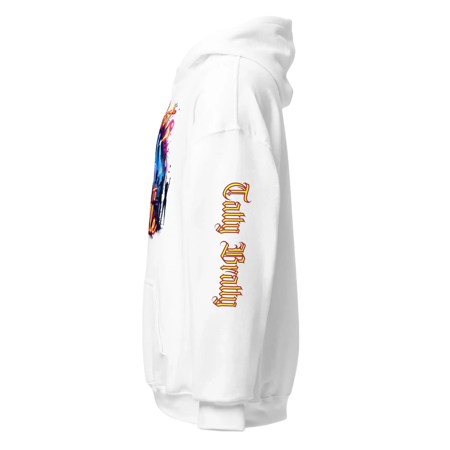 White hoodie with colorful graphic.