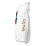 White hoodie with colorful graphic.