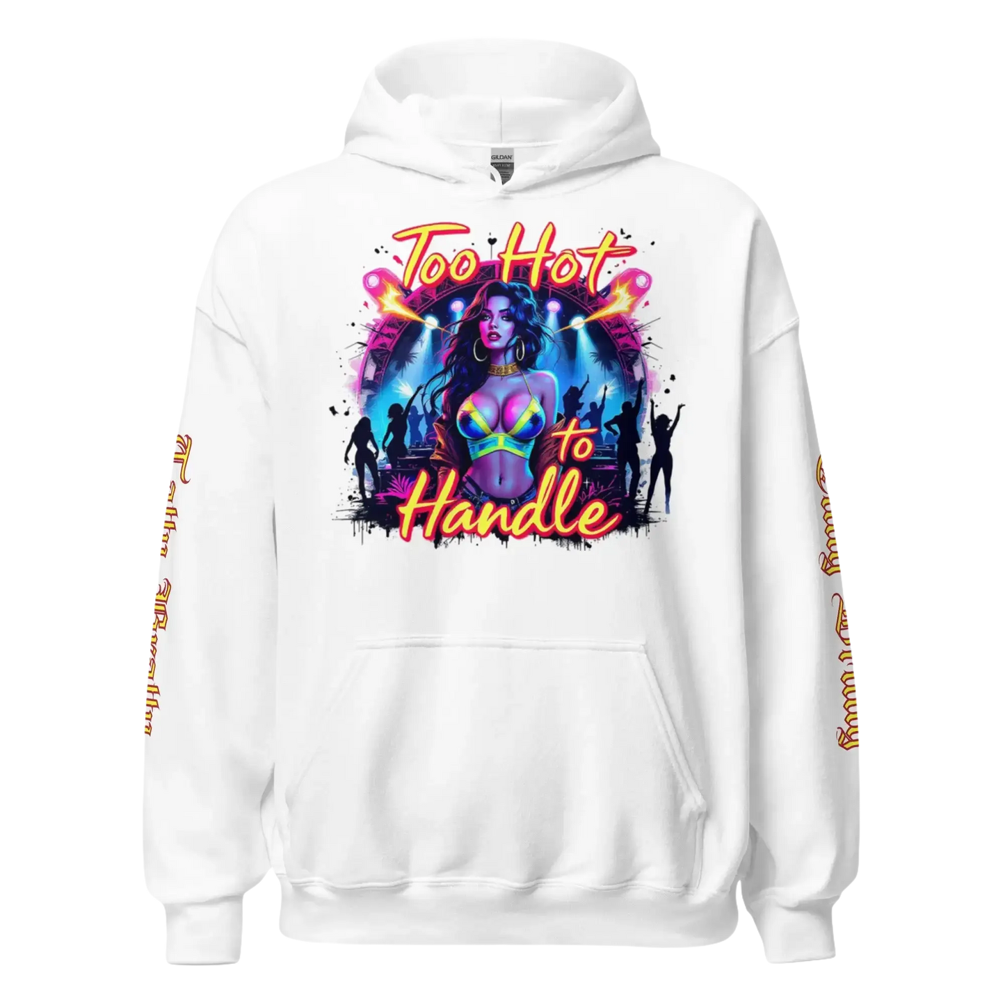 White hoodie with a colorful graphic.