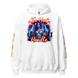 White hoodie with a colorful graphic.