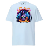 White t-shirt with ’Too Hot to Handle’ graphic.