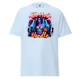 White t-shirt with ’Too Hot to Handle’ graphic.