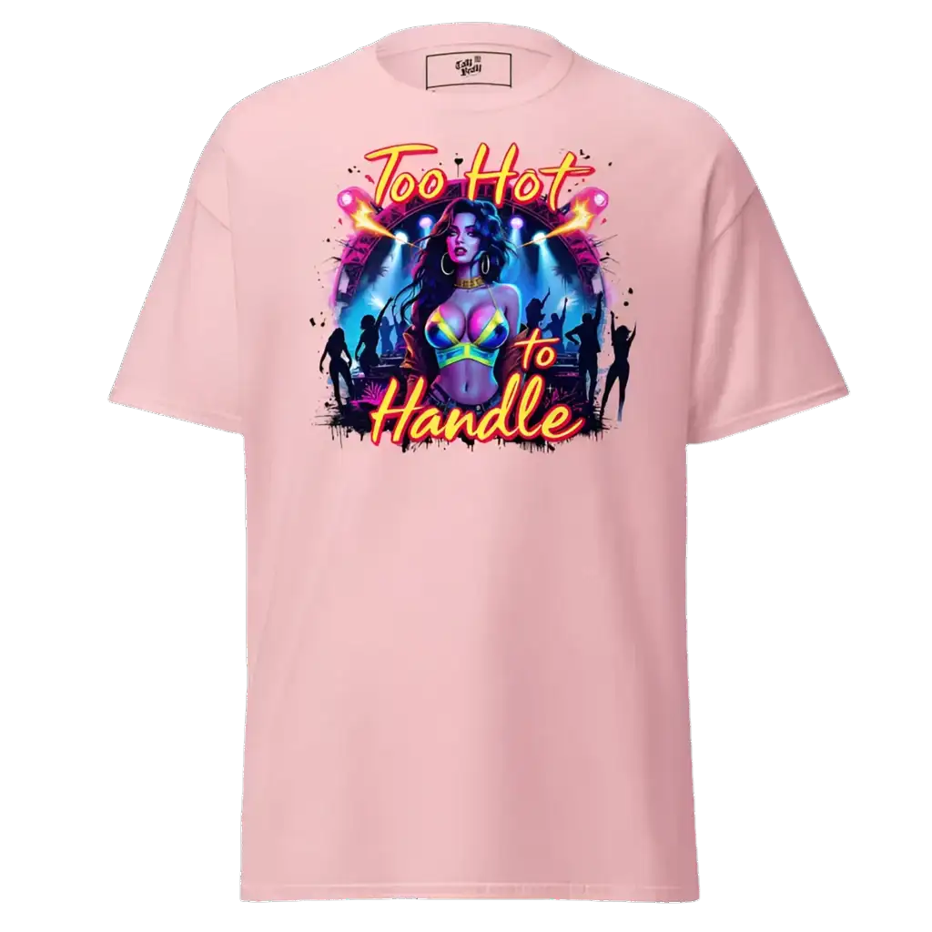 Pink t-shirt with ’Too Hot to Handle’ graphic.