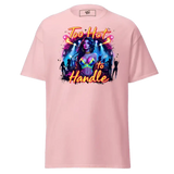 Pink t-shirt with ’Too Hot to Handle’ graphic.