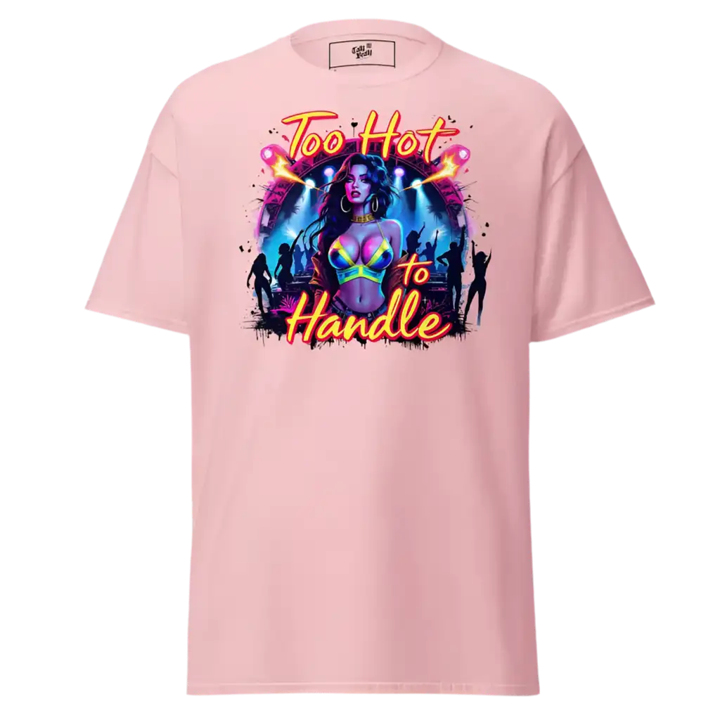 Pink t-shirt with ’Too Hot to Handle’ graphic.