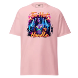 Pink t-shirt with ’Too Hot to Handle’ graphic.