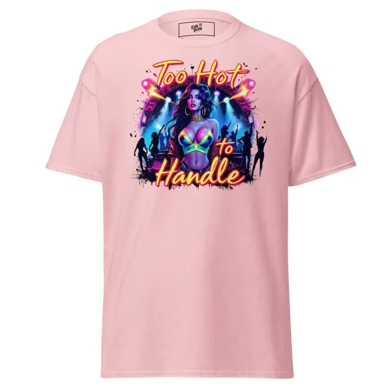Pink t-shirt with ’Too Hot to Handle’ graphic.
