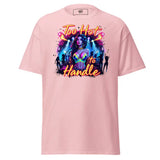 Pink t-shirt with ’Too Hot to Handle’ graphic.