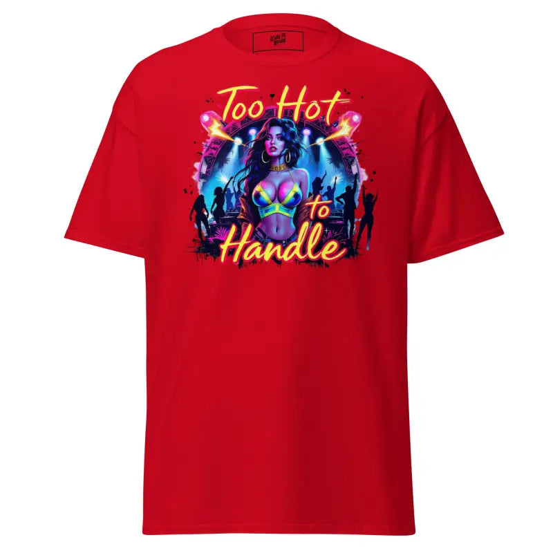 Red graphic t-shirt.